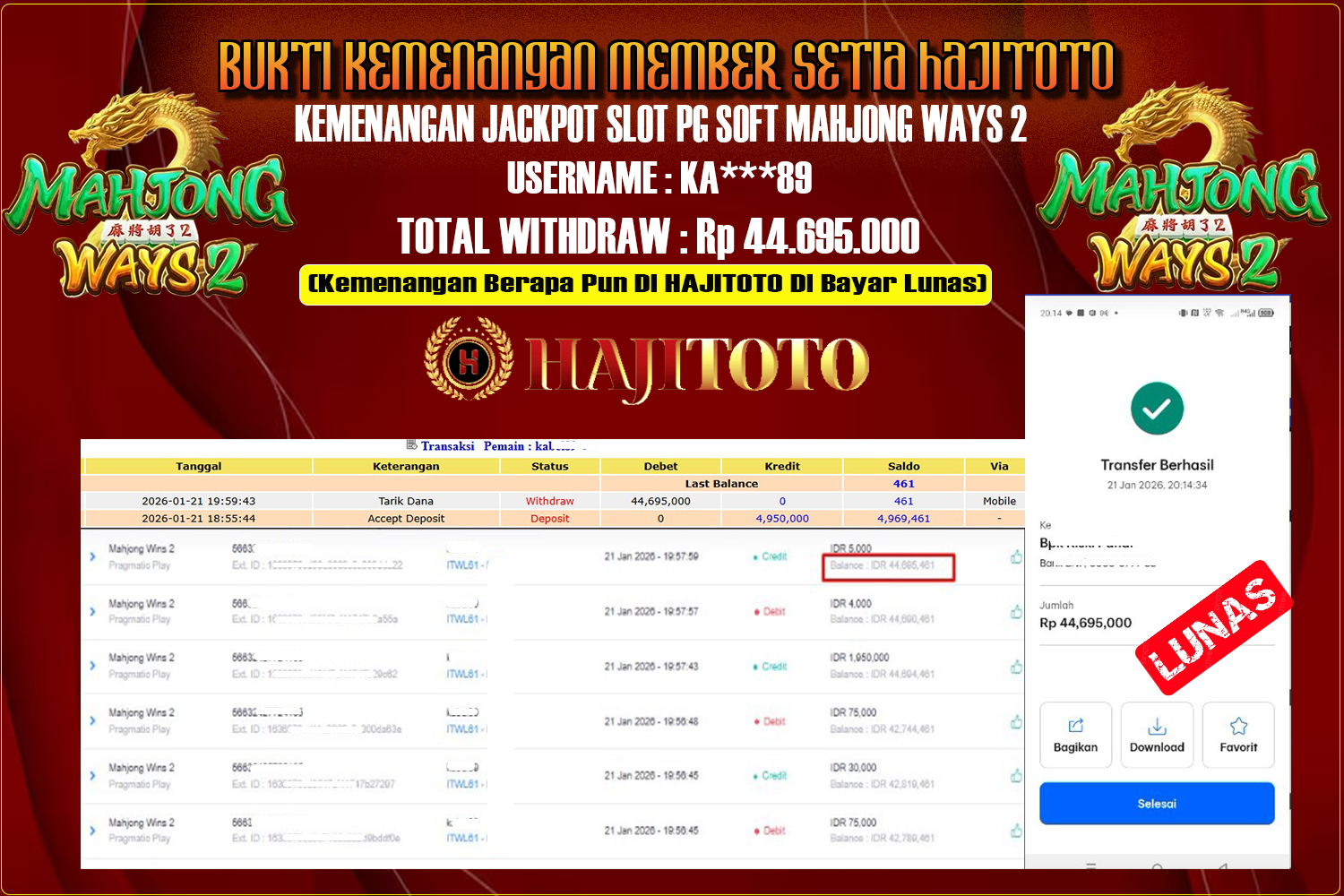 SELAMAT KEPADA PEMENANG MEMBER MERAIH JACKPOT DI GAME SLOT MAHJONG WAYS 2 TOTAL RP 44.695.000 DI BAYAR LUNAS